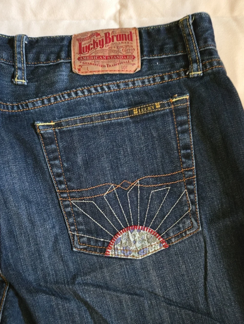 Lucky Brand Women's Dark Blue Denim Jeanshorts with Sunburst Pocket Embroidery